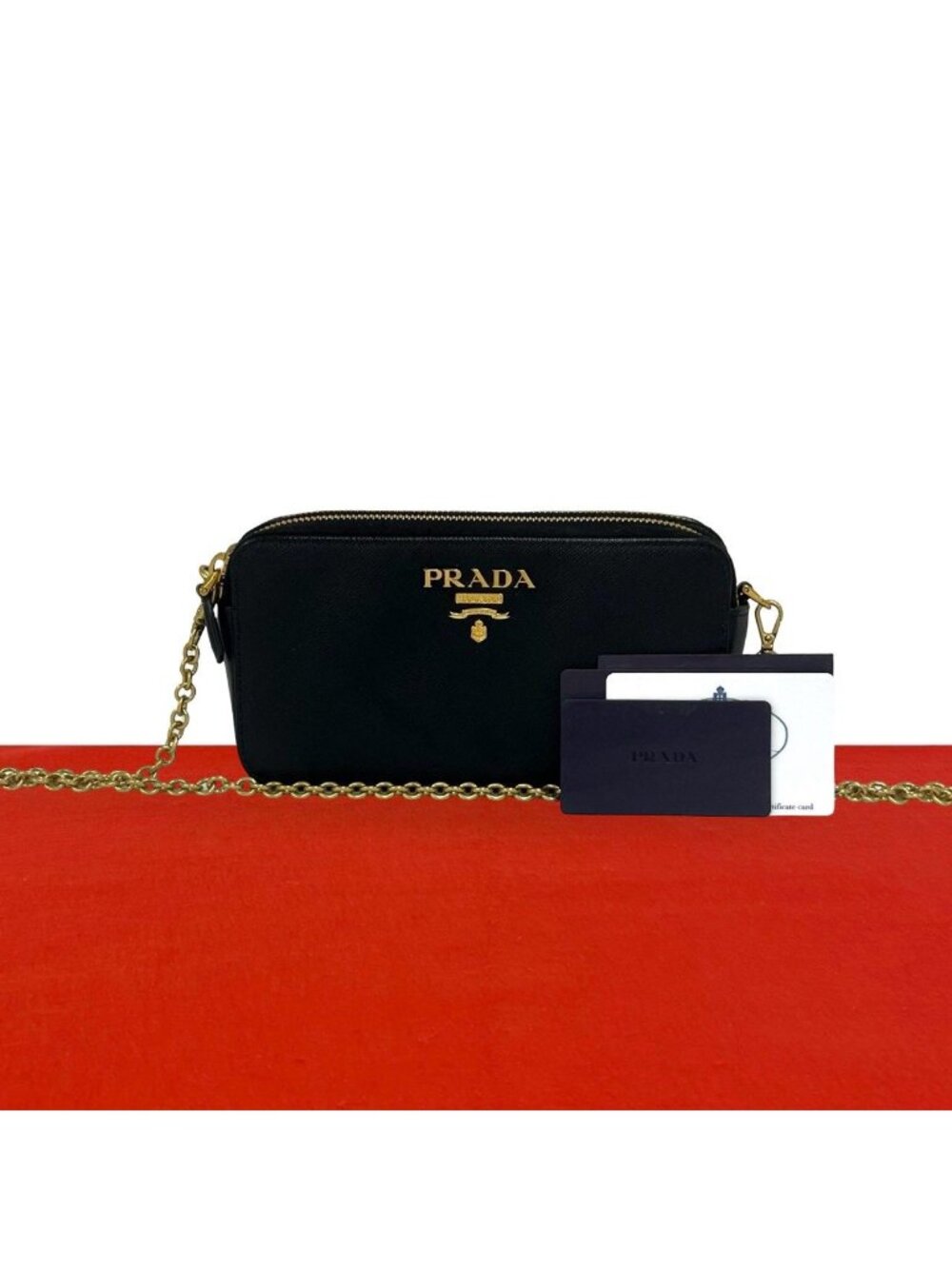 Prada Logo Saffiano Leather Chain Mini Shoulder Bag Pochette Crossbody Black